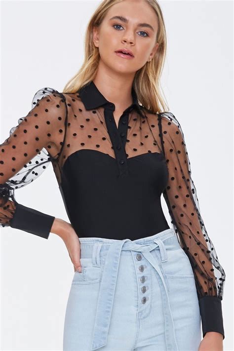 Illusion Polka Dot Bodysuit In Black Small In 2021 Top Outfits Knit Bodysuit Fashion