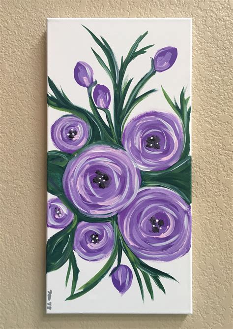 A Painting Of Purple Flowers On A White Canvas With Green Leaves And