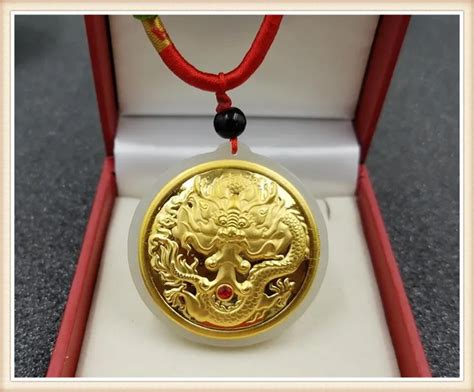 Natural Hetian Jade Inlaid With Flying Dragon Gold Pendant Necklace