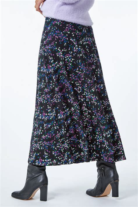 Ditsy Floral Stretch Midi Skirt In Black Roman Originals Uk