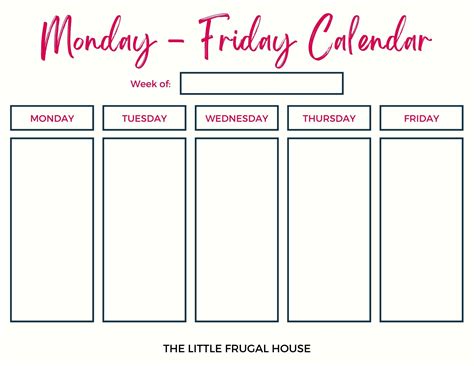 Free Printable Calendar Monday Through Friday 4 Weekly Color Options