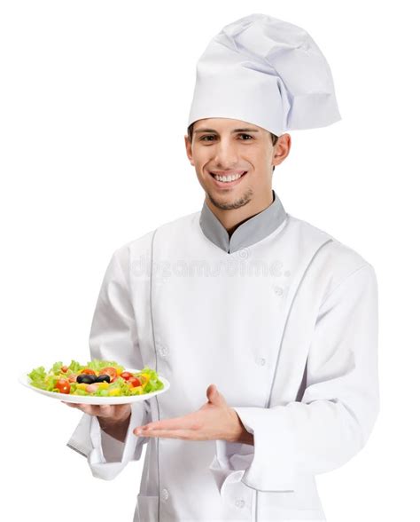 Retrato Do Cozinheiro Do Cozinheiro Chefe Que Mostra O Prato Da Salada