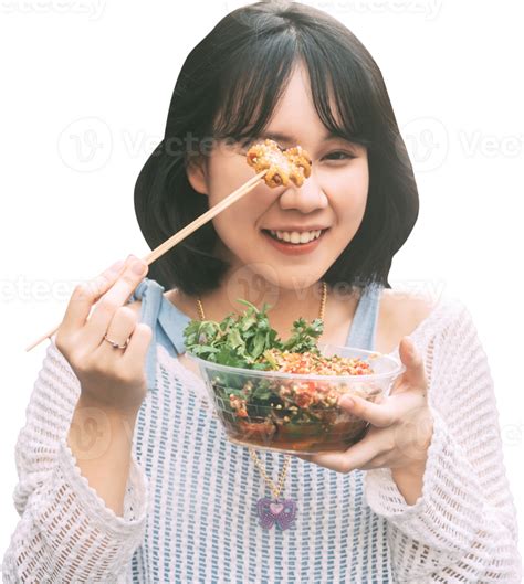 Asian Foodie Woman Traveler Eating Spicy Food Thai Menu Isolated