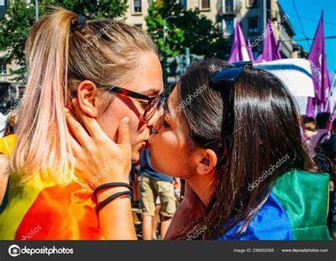 Women Kissing At Gay Pride Marching Claiming For Equality And Legal Rights For The Lgbtqi