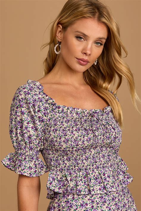 Purple Floral Print Top Smocked Floral Top Puff Sleeve Top Lulus