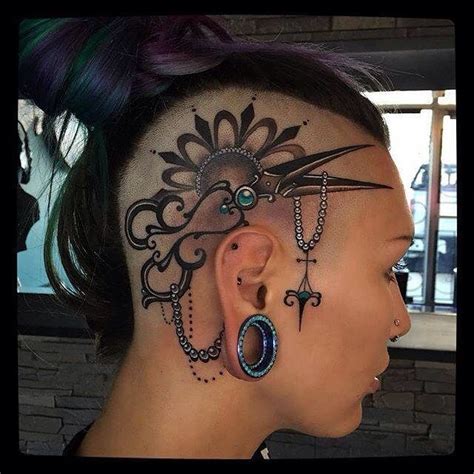 Gorgeous Dangling Jewels Scissors Head Tattoo Womans Side Of Head Tattoo Scalp Tattoo Face