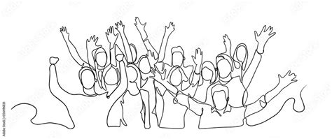 Continuous Line Drawing Of Happy Cheerful Crowd Of People Cheerful