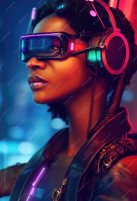Premium Photo A Realistic Portrait Of A Ebony Girl Wearing A Cyberpunk Headset And Cyberpunk Gear
