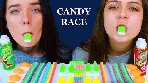 Asmr Sour Candy Race Eating Gummy Straws Wax Bottles Candy Foam Eating Sound Lilibu Youtube