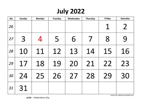 July 2022 Calendar Designed With Large Font Horizontal Free