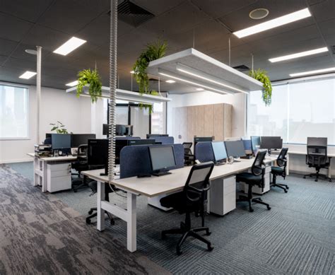 An Office Cubicle With Multiple Computers And Plant Hanging From The