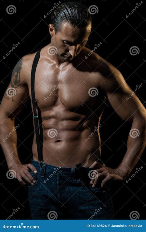 Sexy Man With Black Suspenders Over Naked Chest Royalty Free Stock Image Image