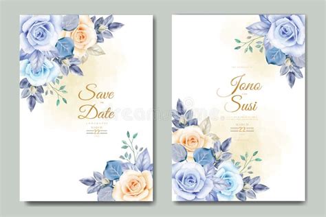Beautiful Blue Floral And Leaves Watercolor Wedding Invitation Card Set