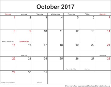 October 2017 Free Printable Calendar Printable Blank