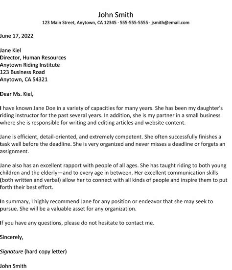 Writing A Reference Letter Template