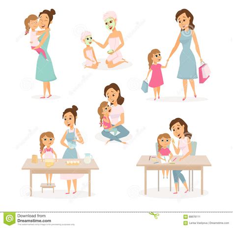 Working in the kitchen can be an exciting experience and one must know how to do so properly. Mother and daughter set stock vector. Illustration of ...