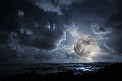 Hd Wallpaper Ocean Night Moon Full Moon Clouds