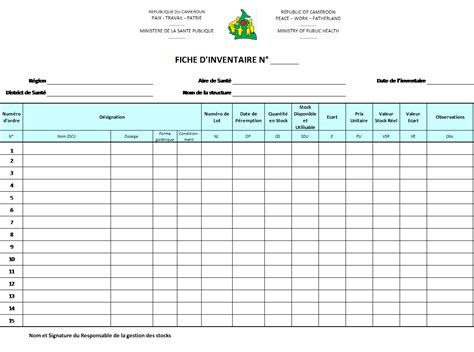 Fiche inventaire contenu congélateur : MINSANTE/SG/DPML Cameroun - Modele de Fiche dinventaire