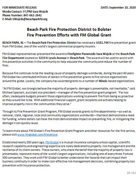 Fm Global Fire Prevention Grant Beach Park Fire Department