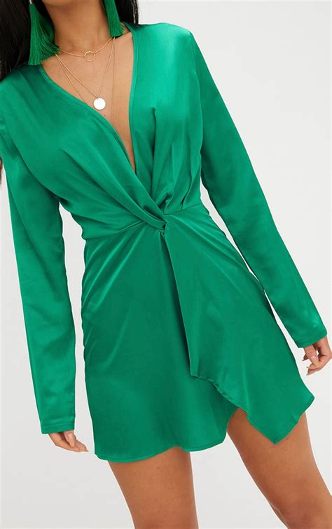 Green Satin Long Sleeve Wrap Dress Dresses Prettylittlething