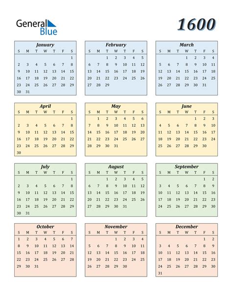 1600 Calendar Pdf Word Excel