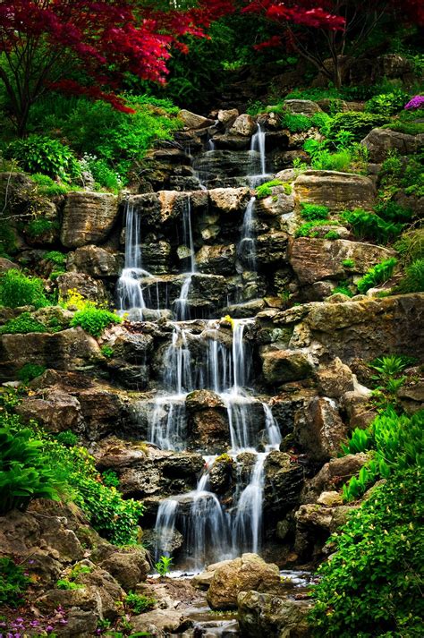 Cascading Waterfall Cascading Waterfall In Japanese Garden In