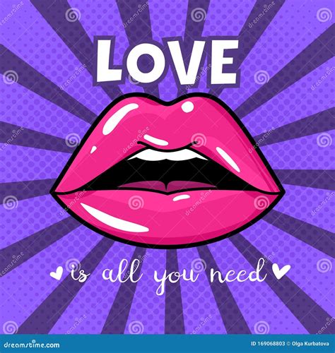 Lips Female Red Glossy Mouth Hot Sexual Kiss Pop Art Vintage Trendy Colorful Poster Design Or