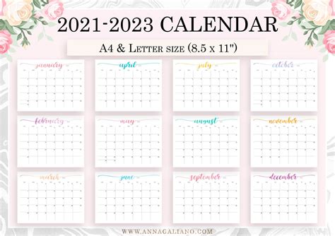 Wall Calendar Printable 2021 2022 2023 Printable Calendar Etsy