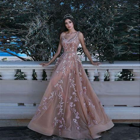 A Line V Neck Sweep Train Champagne Tulle Prom Dress With Beading Appliques Elegant Evening