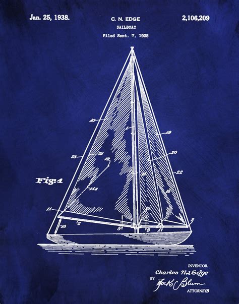 1935 Sailboat Patent Print Nautical Poster Vintage Sailboat Print