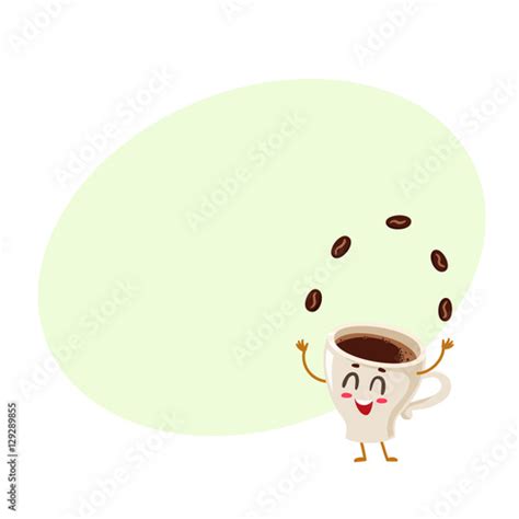 Funny Energetic Espresso Cup Character Juggling Coffee Beans Cartoon