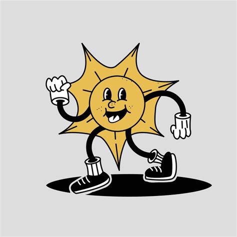Cute Funny Sun Character Retro Vector Hand Drawn Cartoon Character