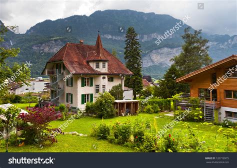 Traditional Wooden Swiss Houses Garden Against Stock Photo 120718975