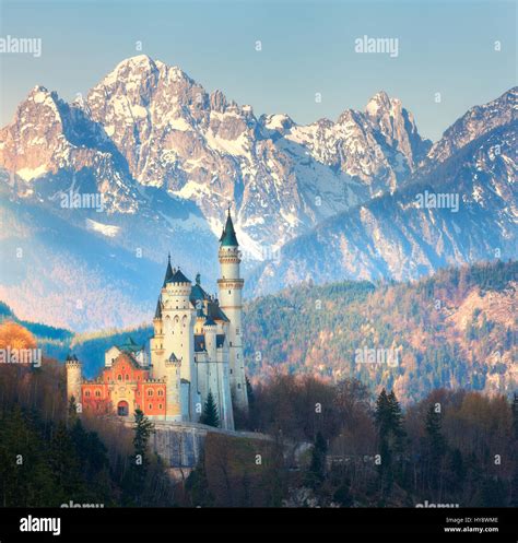 The Famous Neuschwanstein Castle In The Background Of Snowy Mountains