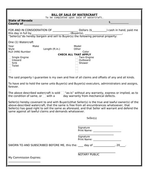 Bill Of Sale For Watercraft Or Boat Nevada Form Fill Out And Sign