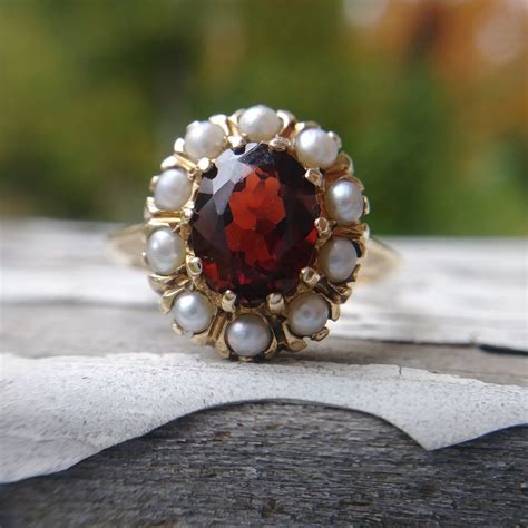 Vintage Seed Pearl Ring With Garnet Center Stone In 14k Yellow Etsy