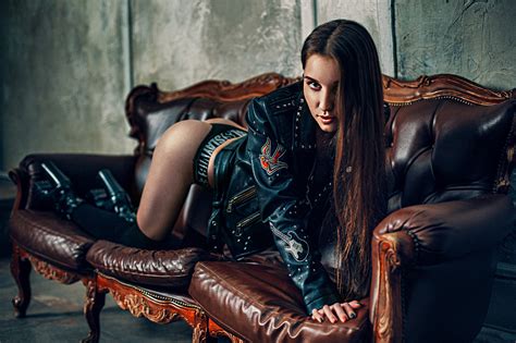 Wallpaper Women Couch Black Panties Painted Nails Leather Jackets Brunette Black