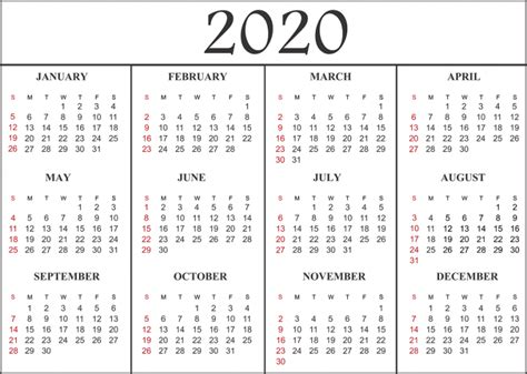 2020 Calendar Editable Printable