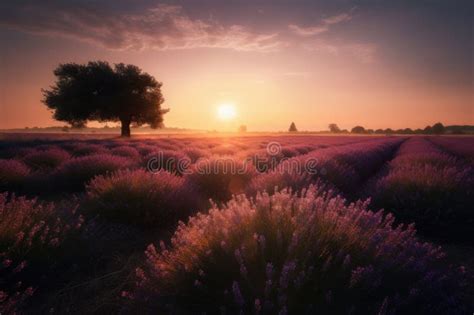Lavender Field Landscape At Sunset Stock Illustration Illustration Of