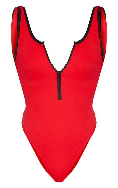 Red Contrast Zip Front Scuba Swimsuit Prettylittlething Ca