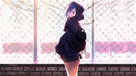 476867 4k Blue Hair Thighs Urban Looking At Viewer Artwork Anime