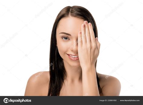Beautiful Naked Woman Closing Eye Hand Smiling Camera Isolated White
