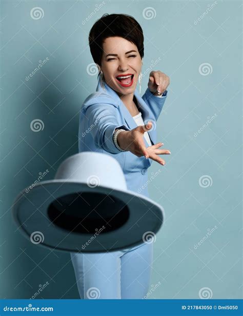 Attractive Cheerful Short Haired Brunette Woman In Blue Business Smart Casual Suit Standing