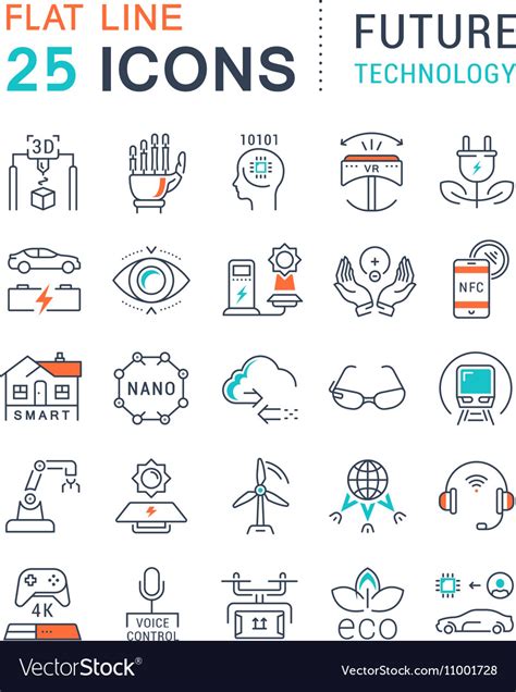 Set Flat Line Icons Future Technology Royalty Free Vector