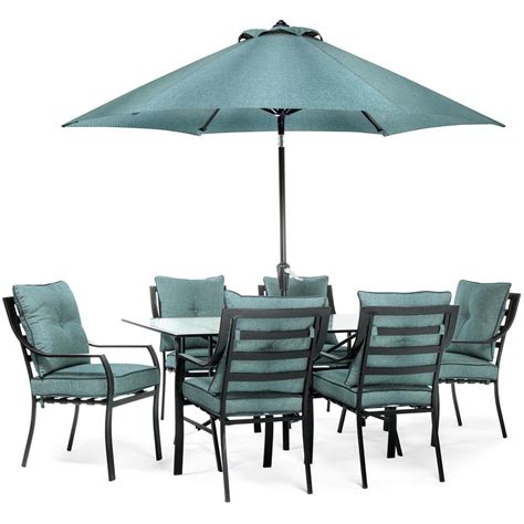 Spacious patio table and chairs comfortable for six or more person family dinner and party. Hanover Lavallette Black Steel 7-Piece Outdoor Dining Set ...