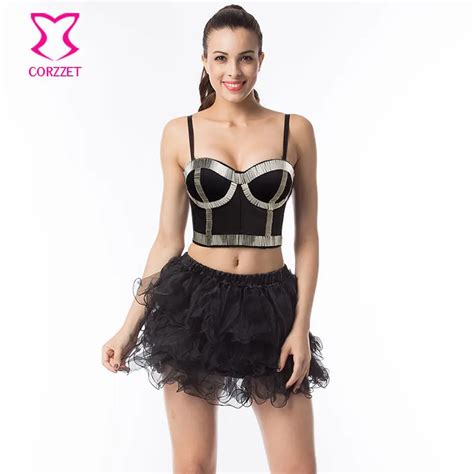 Gothic Studded Silver Tube Beads Bralette Push Up Bustier Crop Top Tutu Skirt Set Burlesque Club