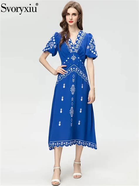 Svoryxiu Fashion Runway Autumn Blue Color Elegant A Line Midi Dress