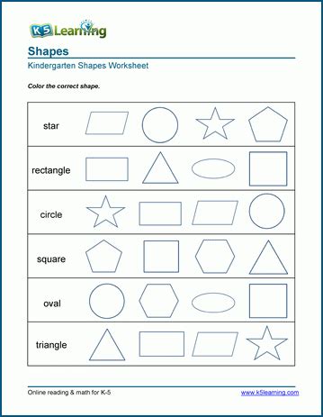Free shape worksheets for preschool and kindergarten. Identifying 2-Dimensional Shapes Worksheets | K5 Learning in 2020 | Shapes worksheet ...