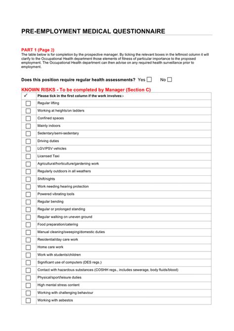 Employee Health Questionnaire Template Word