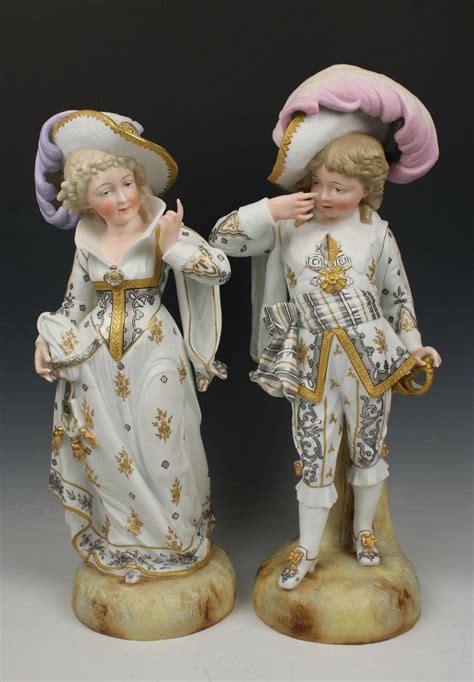~ Antique German Pair Of Figurines Boy And Girl With Feathered Hat
